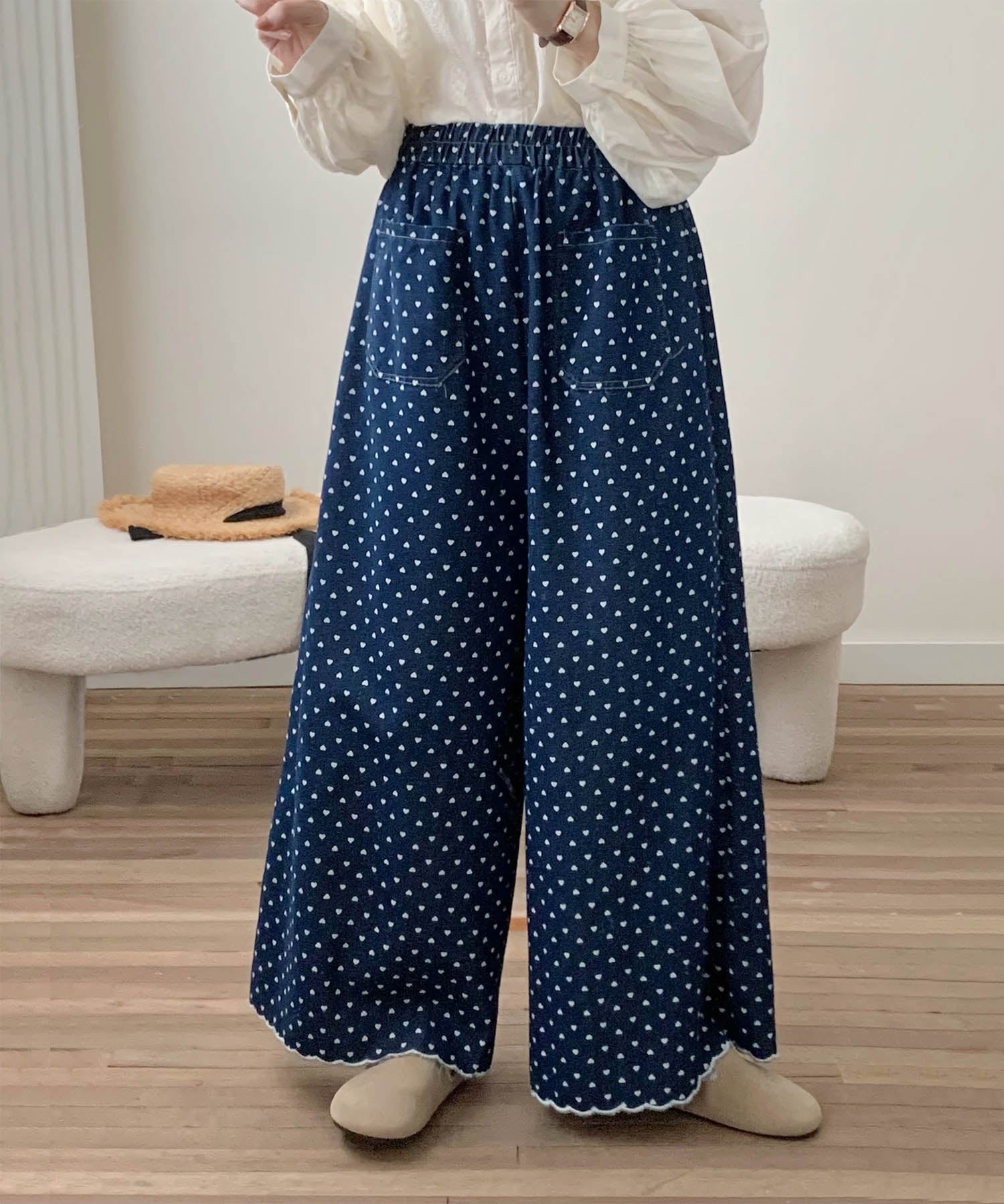アイモハ aimoha ドット柄ハイウエストワイドパンツ （ネイビー） ネイビー