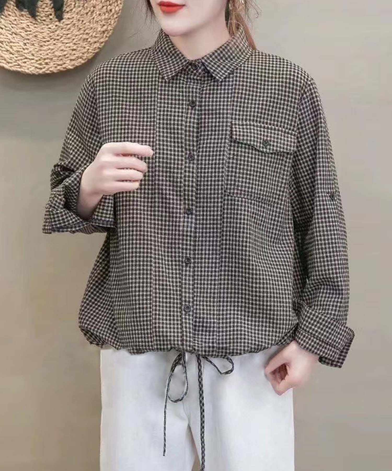 aimoha check pattern drawstring shirt