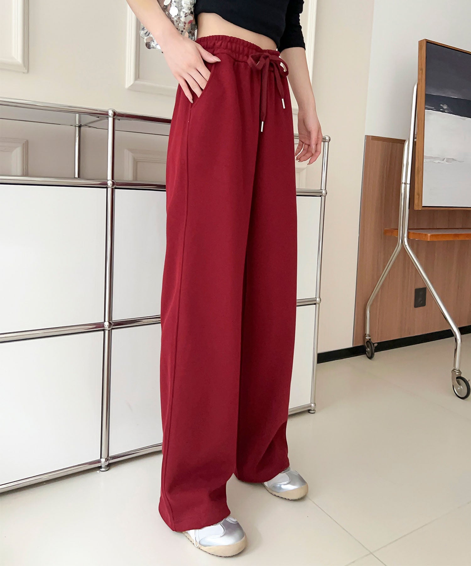アイモハ aimoha ハイウエストドローストリングパンツ （レッド） レッド