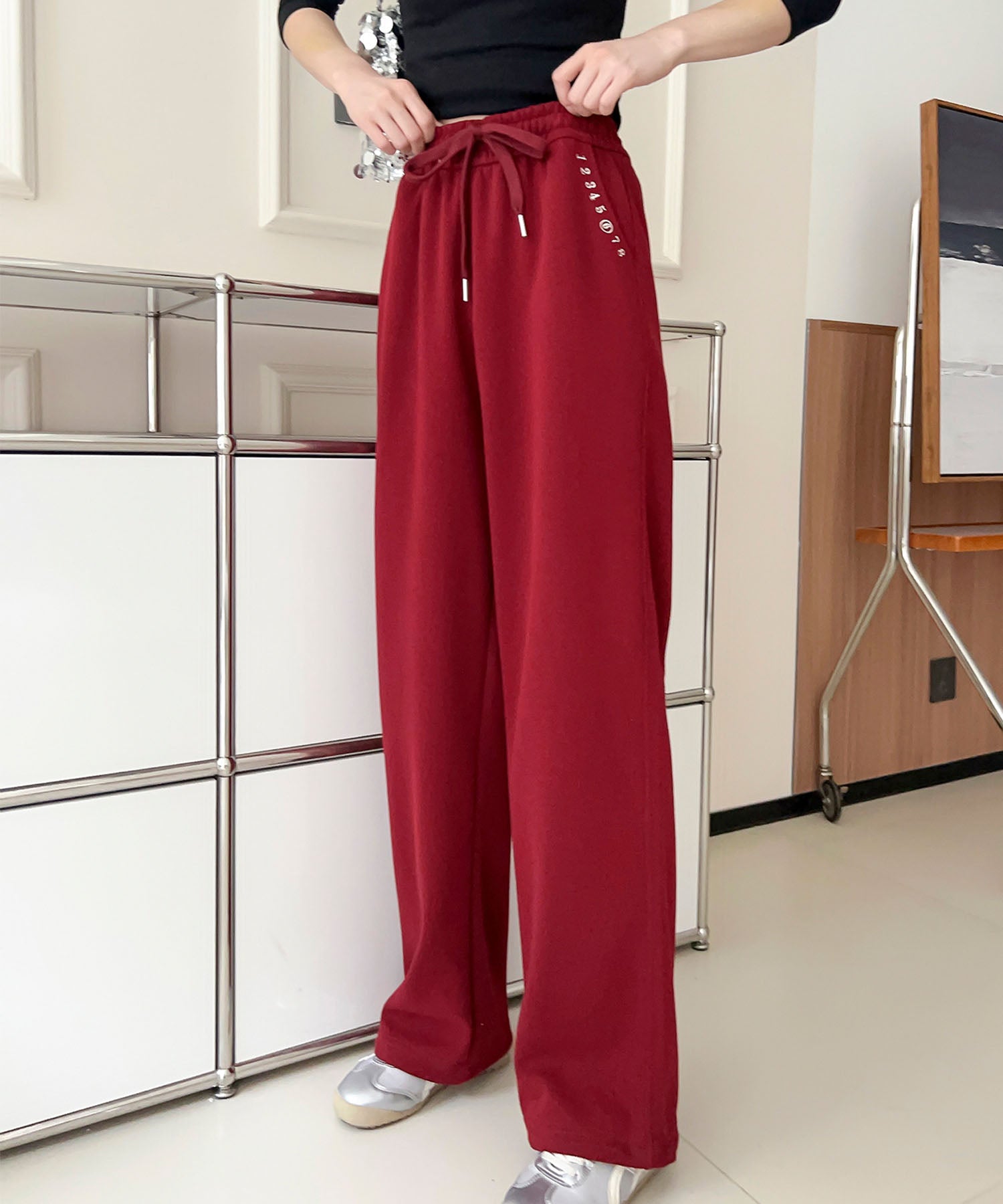 アイモハ aimoha ハイウエストドローストリングパンツ （レッド） レッド