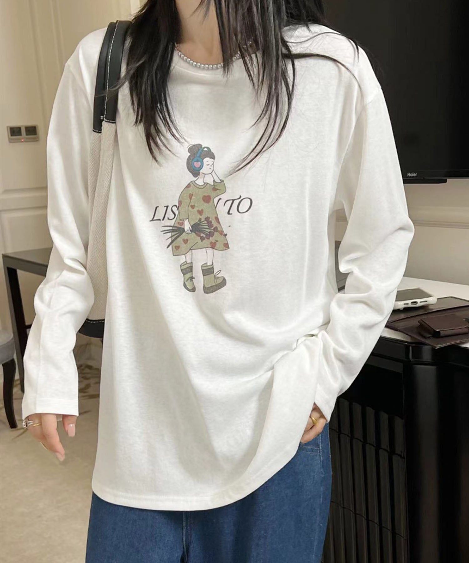 アイモハ aimoha イラストプリントロングスリーブTシャツ （ホワイト） ホワイト