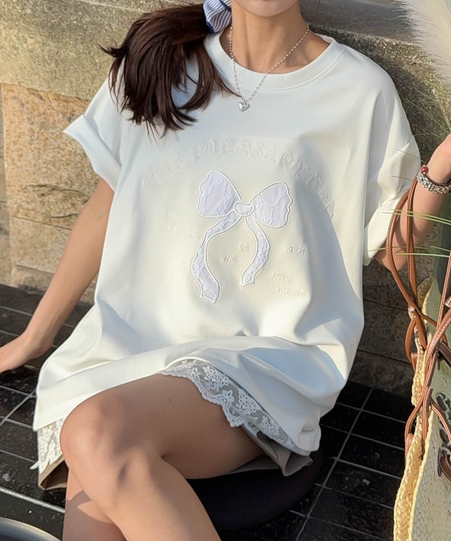 アイモハ aimoha aimoha -select-/リボンモチーフプリントTシャツ （ライトベージュ） ライトベージュ