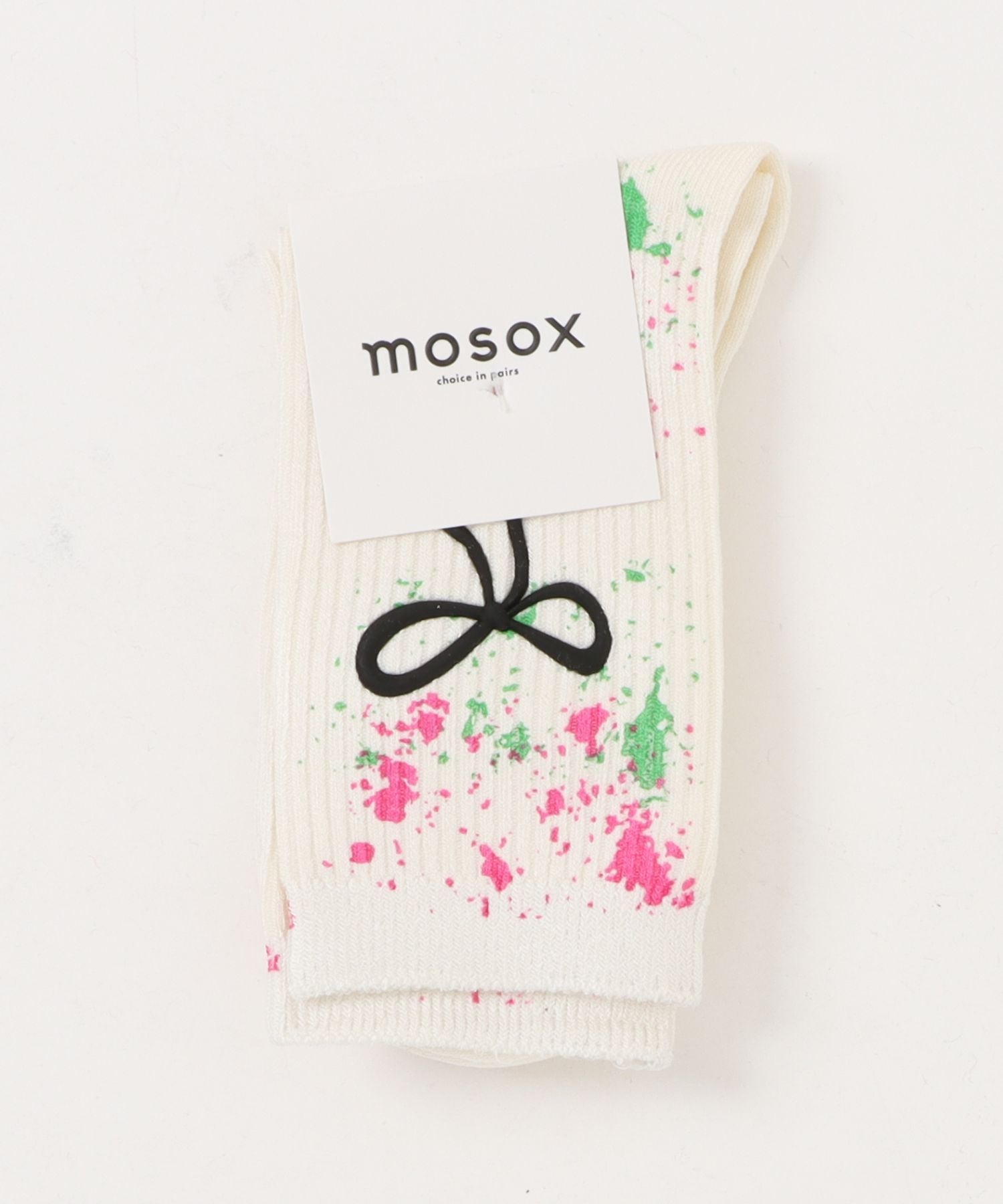 アイモハ aimoha 【MOSOX】細リボン×ペイントスプラッシュリブクルーソックス （ホワイト） ホワイト