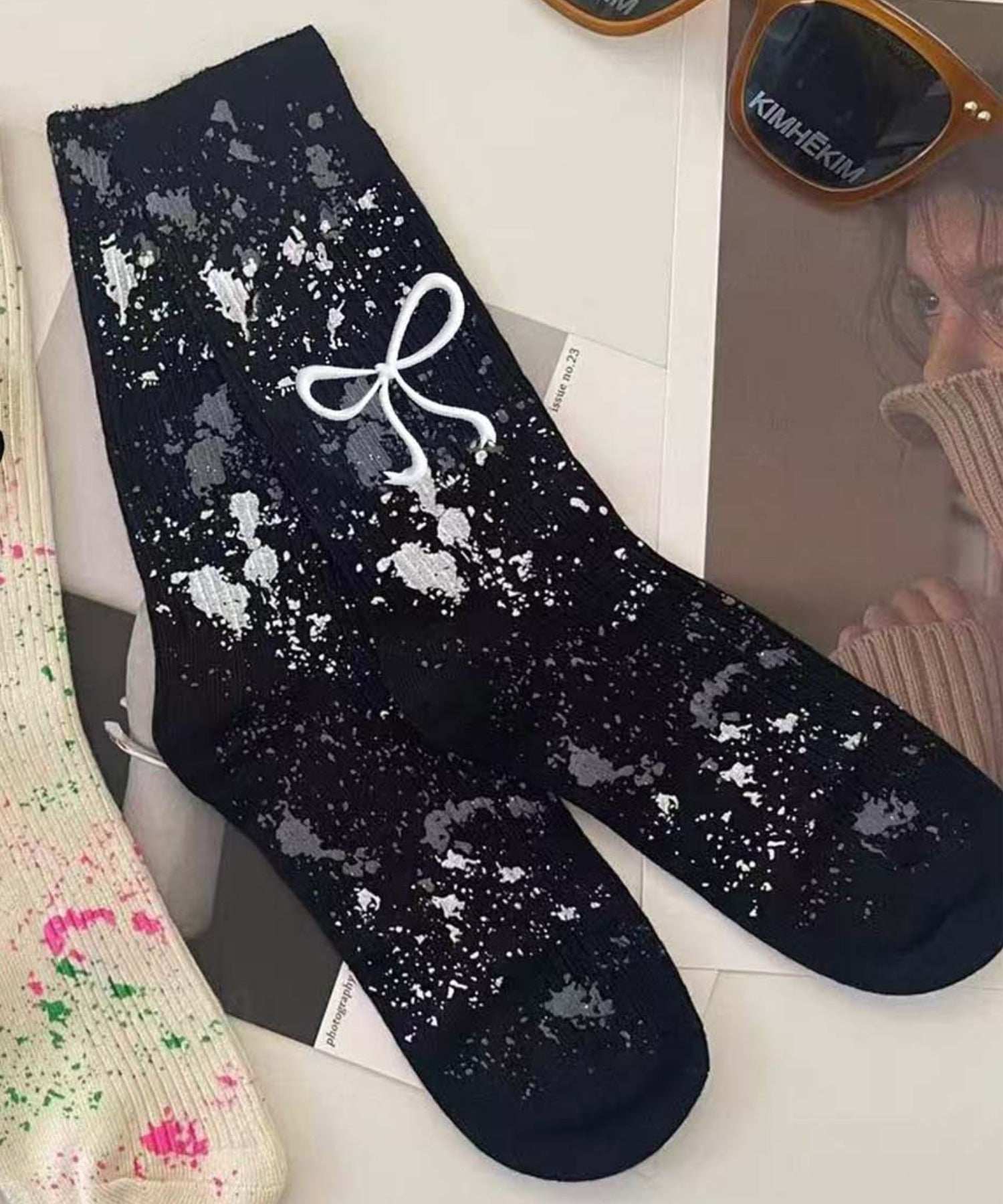 アイモハ aimoha 【MOSOX】細リボン×ペイントスプラッシュリブクルーソックス （ブラック） ブラック