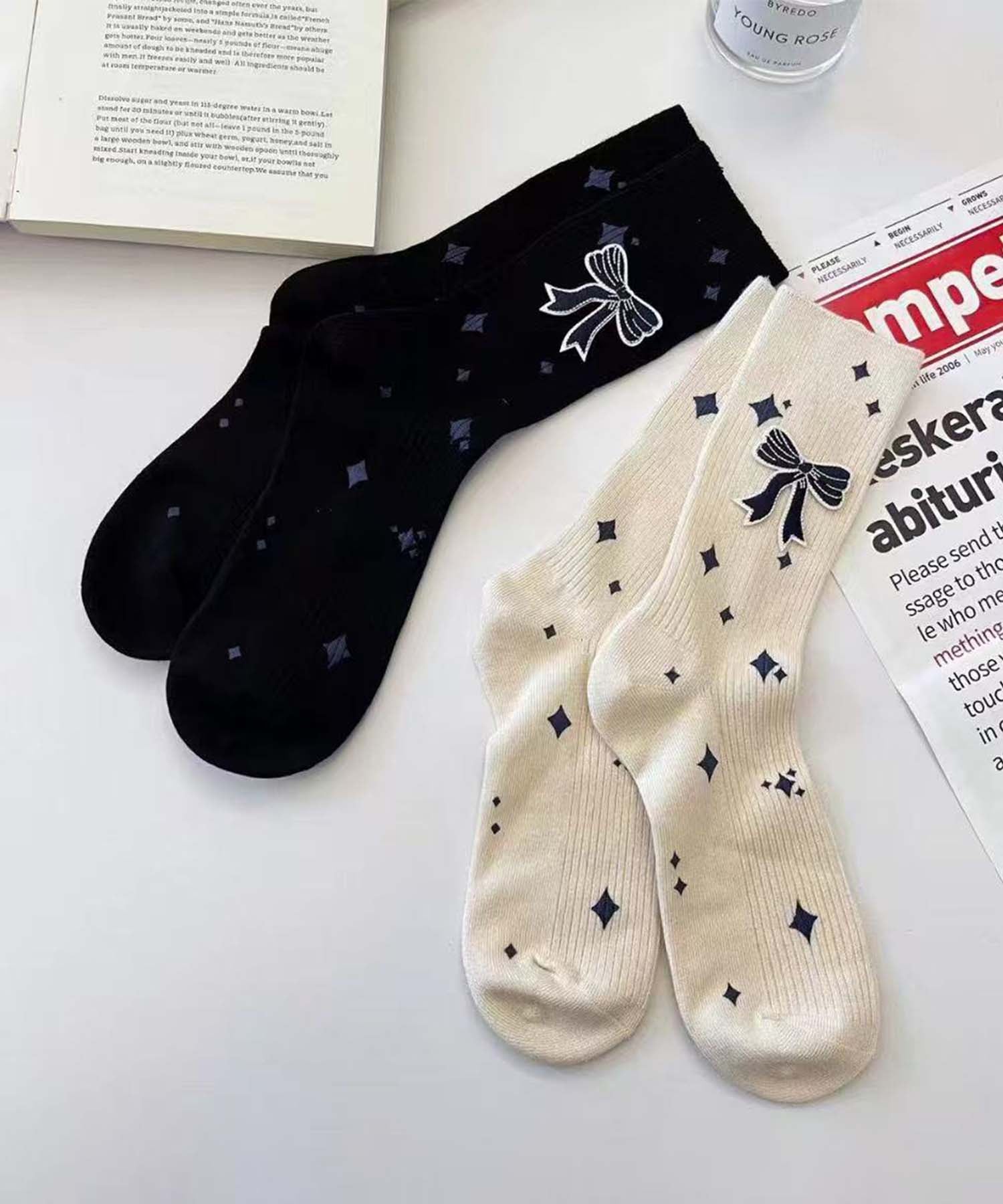 アイモハ aimoha 【MOSOX】リボンモチーフデザインリブクルーソックス （ブラック） ブラック