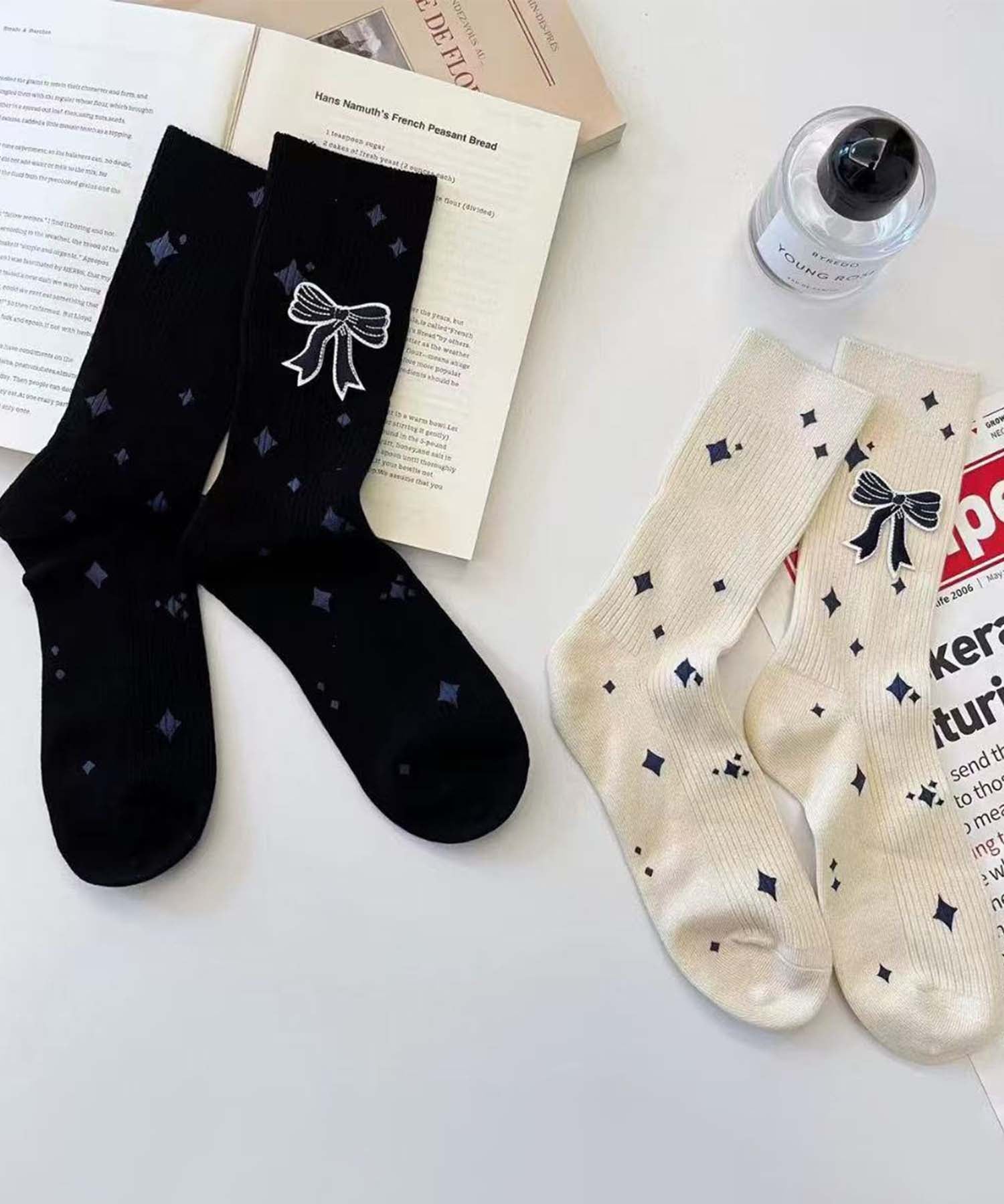 アイモハ aimoha 【MOSOX】リボンモチーフデザインリブクルーソックス （ブラック） ブラック