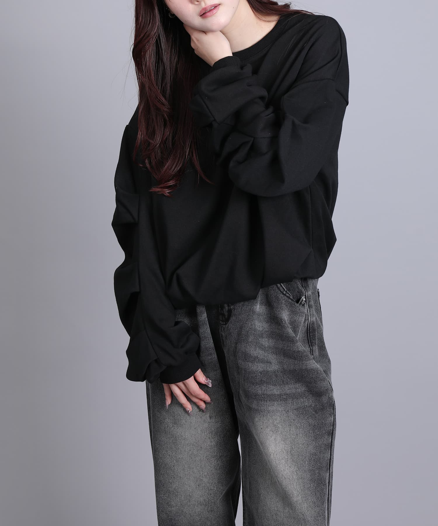 アイモハ aimoha aimoha/裏毛袖タックバルーンプルオーバー （ブラック） ブラック