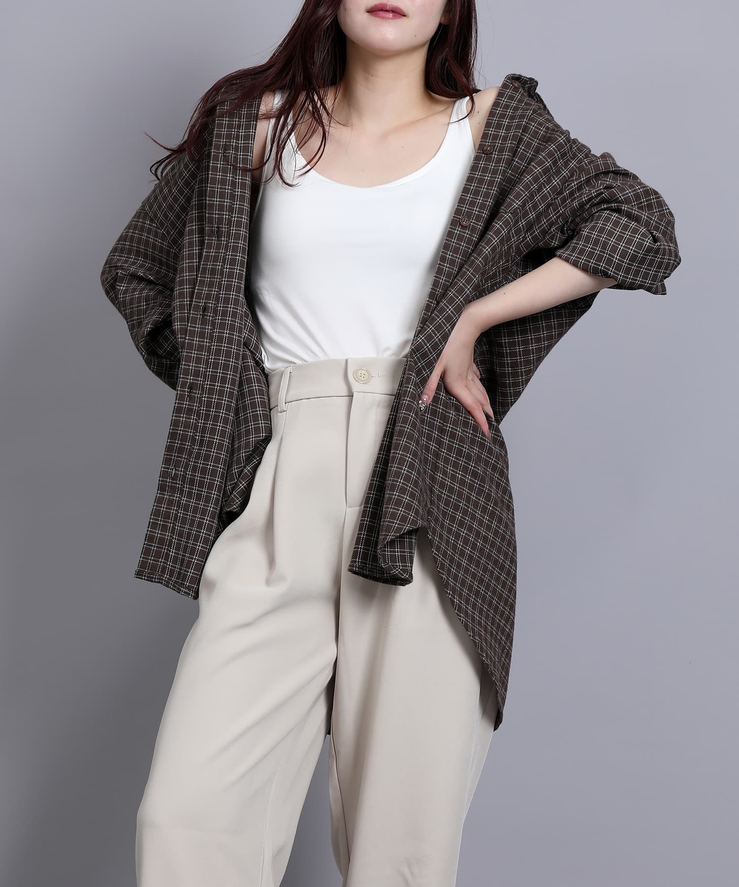 アイモハ aimoha aimoha/チェックオーバーシャツ （ブラウン） ブラウン