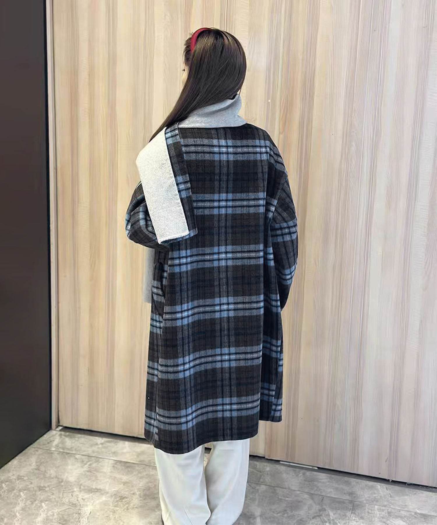 アイモハ aimoha 【BANICO】リバーシブルチェック ウールコート マフラー付き （ブルー） ブルー