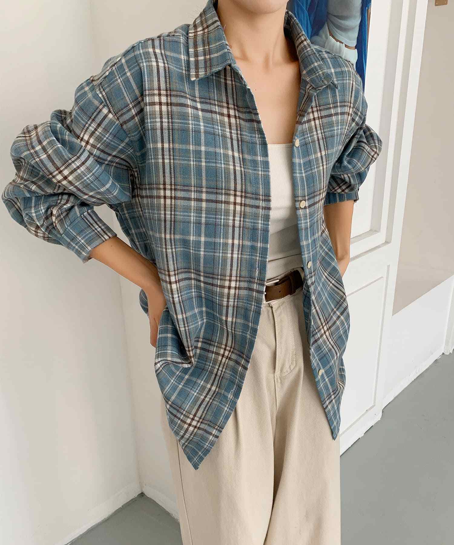 アイモハ aimoha aimoha -select-/ビッグシルエット チェックシャツ チュニック （ブルー） ブルー