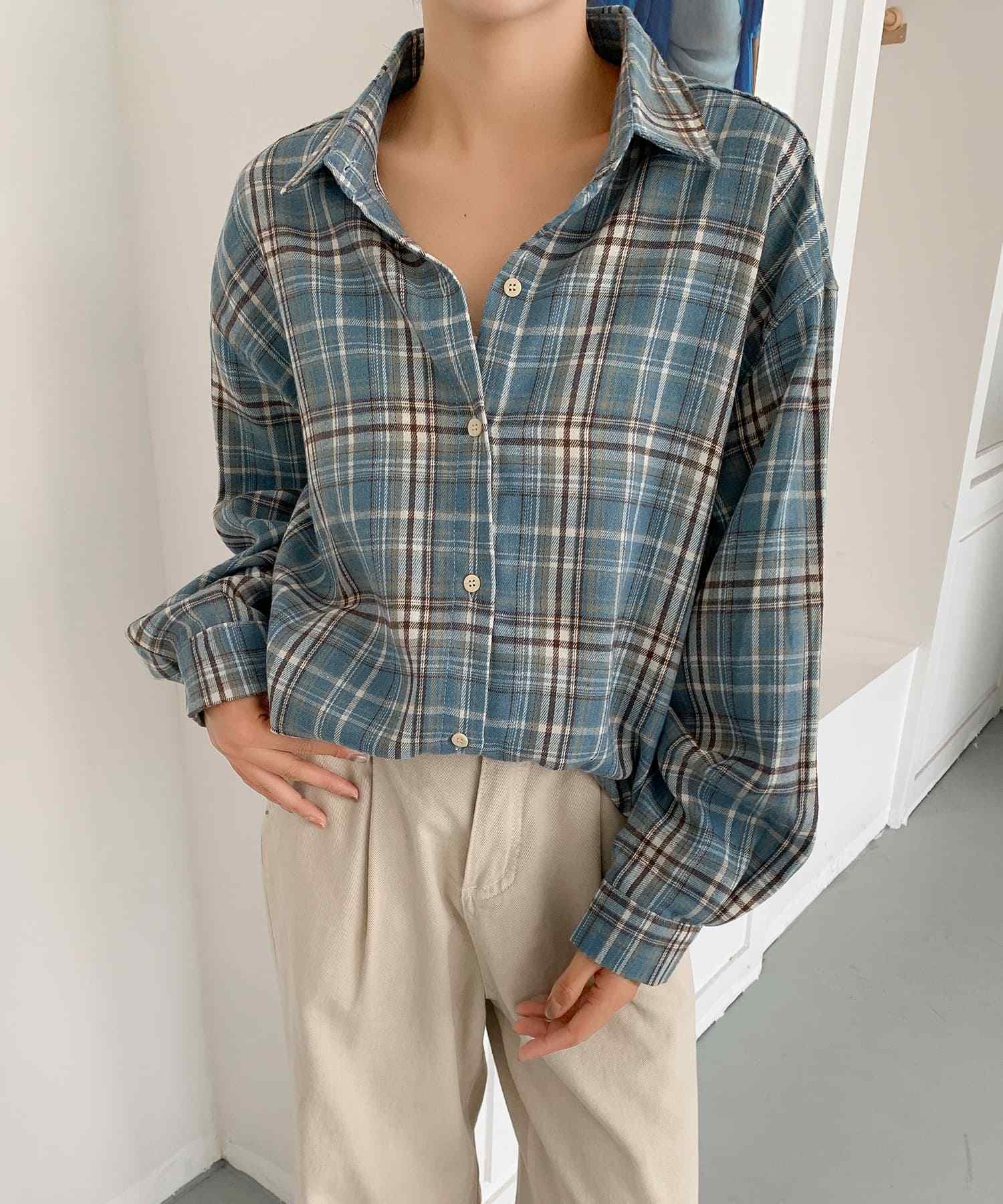 アイモハ aimoha aimoha -select-/ビッグシルエット チェックシャツ チュニック （ブルー） ブルー