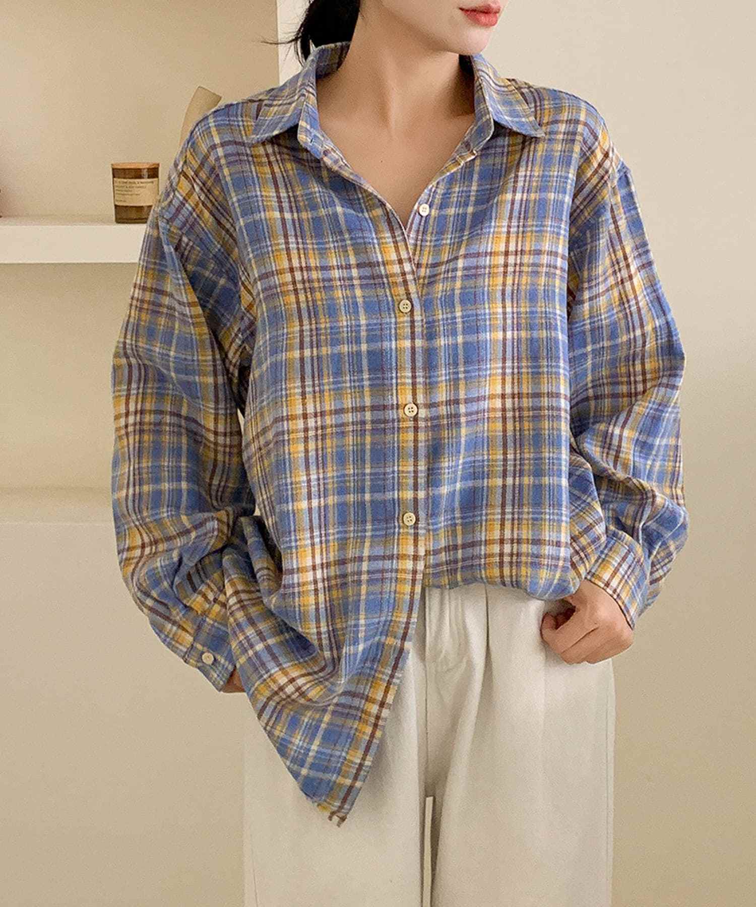 アイモハ aimoha aimoha -select-/ビッグシルエット チェックシャツ チュニック （イエロー） イエロー