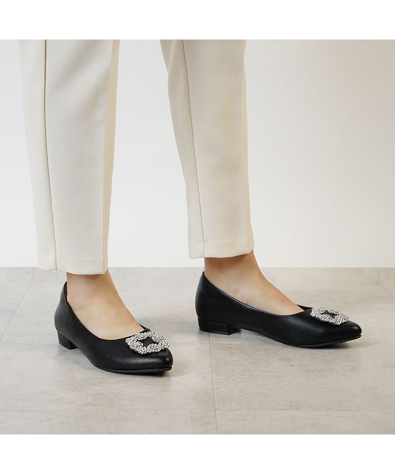 アレッタ ALETTA パンプス ビジュー バックル ローヒール 黒 ブラック 痛くない 走れる アーモンドトゥ 2cmヒール  ぺたんこ 外反拇趾 甲高 幅広 ポインテッドトゥ 20