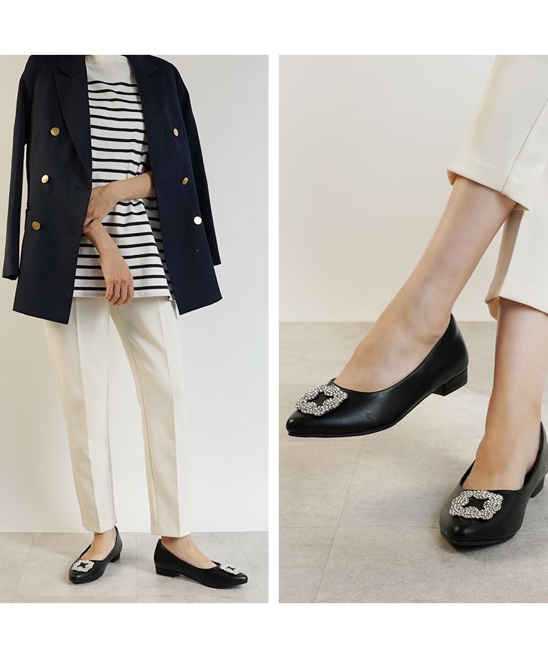 アレッタ ALETTA パンプス ビジュー バックル ローヒール 黒 ブラック 痛くない 走れる アーモンドトゥ 2cmヒール  ぺたんこ 外反拇趾 甲高 幅広 ポインテッドトゥ 20