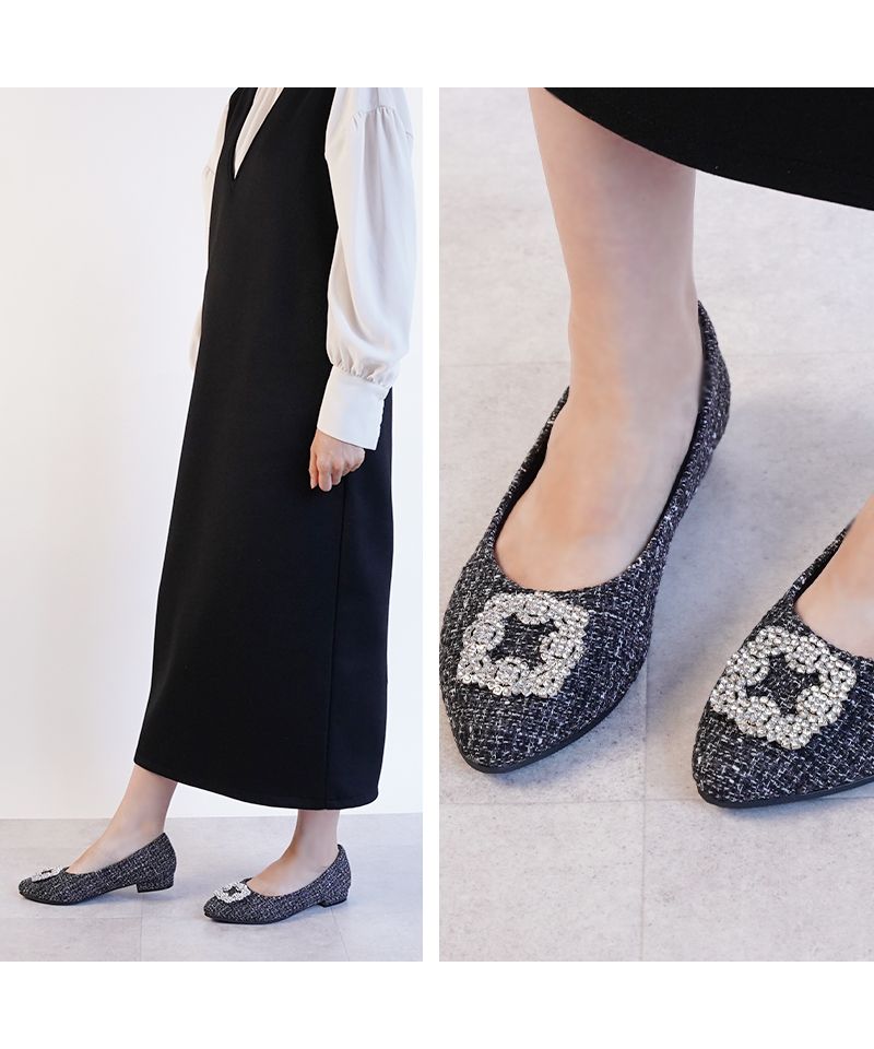 アレッタ ALETTA パンプス ビジュー バックル ローヒール 黒 ブラック 痛くない 走れる アーモンドトゥ 2cmヒール  ぺたんこ 外反拇趾 甲高 幅広 ポインテッドトゥ 20
