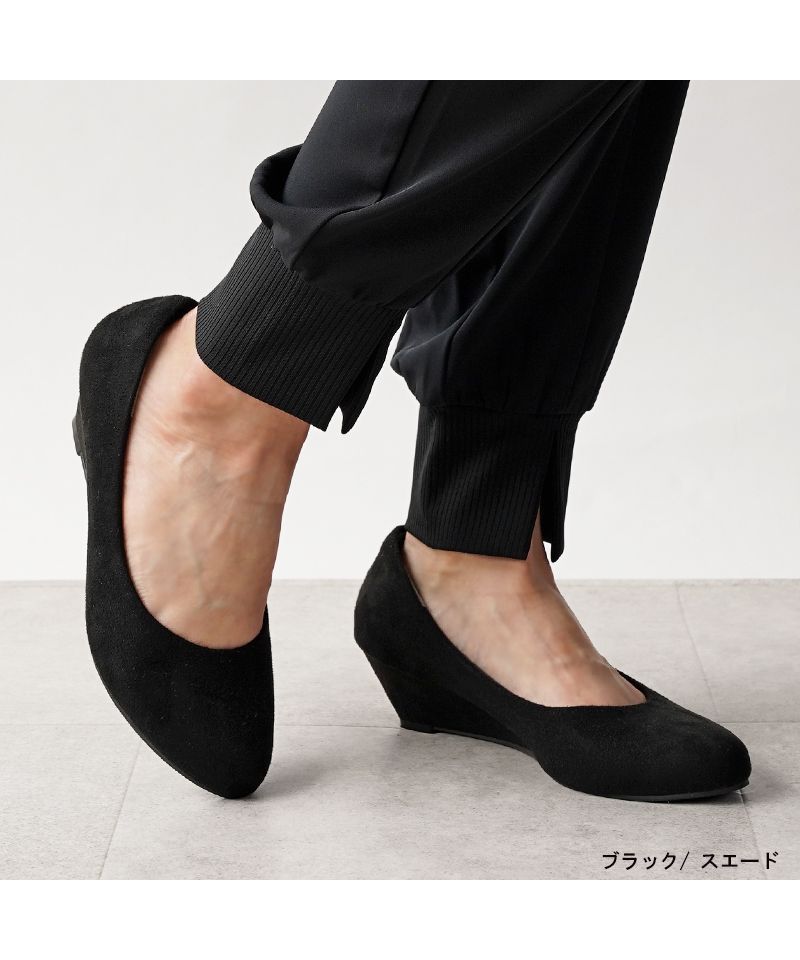 アレッタ ALETTA 2024秋冬新色 究極のプレーンパンプス アーモンドトゥ 4.5cmウェッジソール レディース ローヒール 甲高 幅広 痛くない アレッタ,ブラック（スエード）
