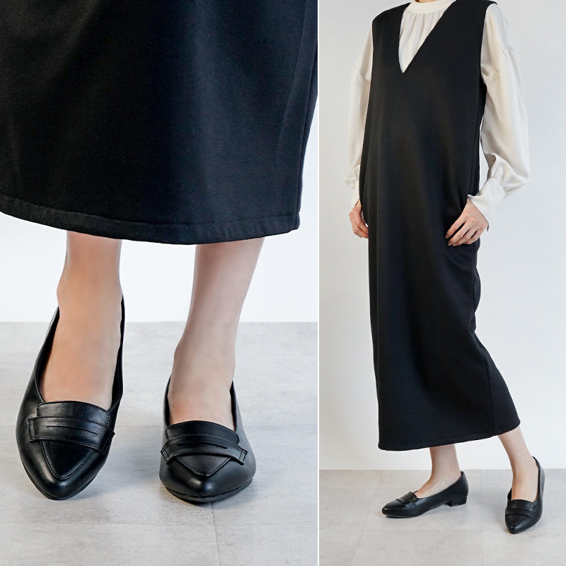 アレッタ ALETTA パンプス ローヒール 痛くない 幅広 走れる ローファー アーモンドトゥ 2cmヒール 黒 ブラック ぺたんこ 外反拇趾 リクルート ポインテッドトゥ