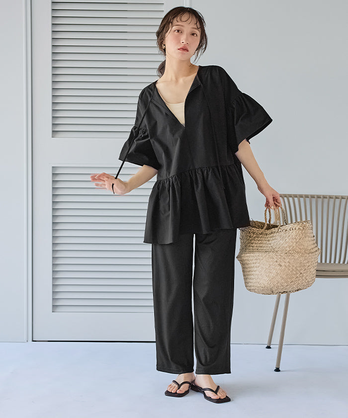 シードレス SEA DRESS セットアップ/ヘムラインフレアブラウス×レギンスラッシュガード 【返品不可商品】 （ブラック） ブラック