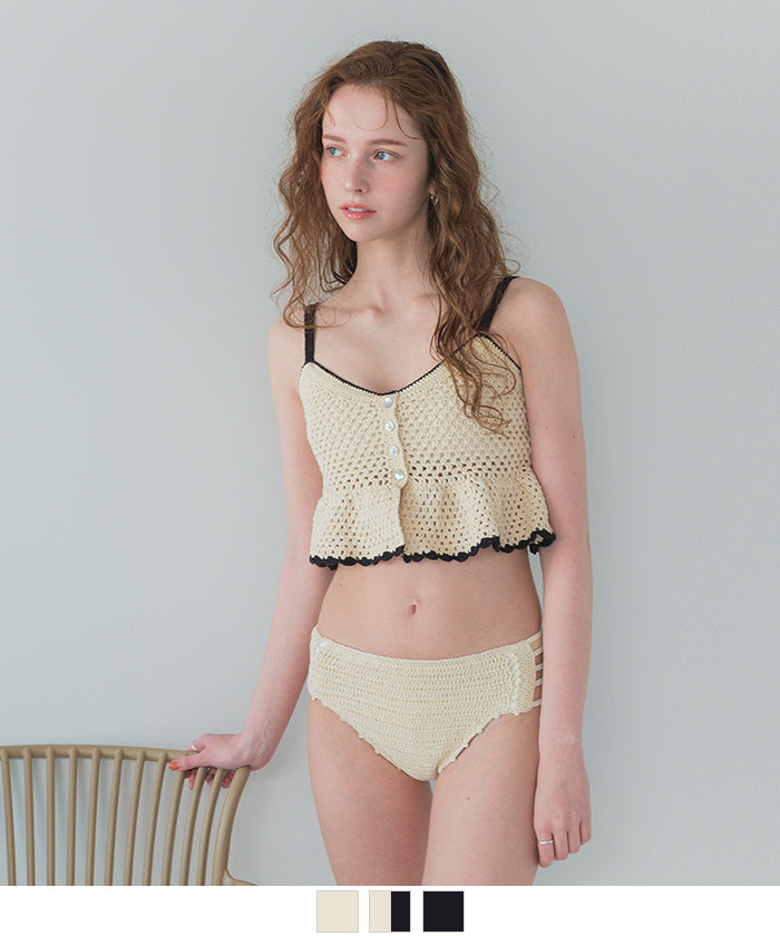 シードレス SEA DRESS ペプラムキャミソールクロシェビキニ/水着 【返品不可商品】 （アイボリー/ブラック） アイボリー/ブラック