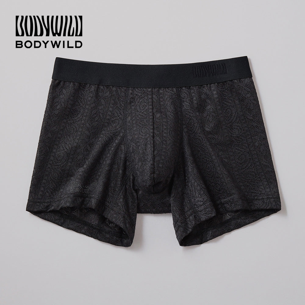 ボディワイルド BODY WILD ボクサーパンツ ラッセルレース アンティークストライプ柄 【返品不可商品】 （ブラック） ブラック