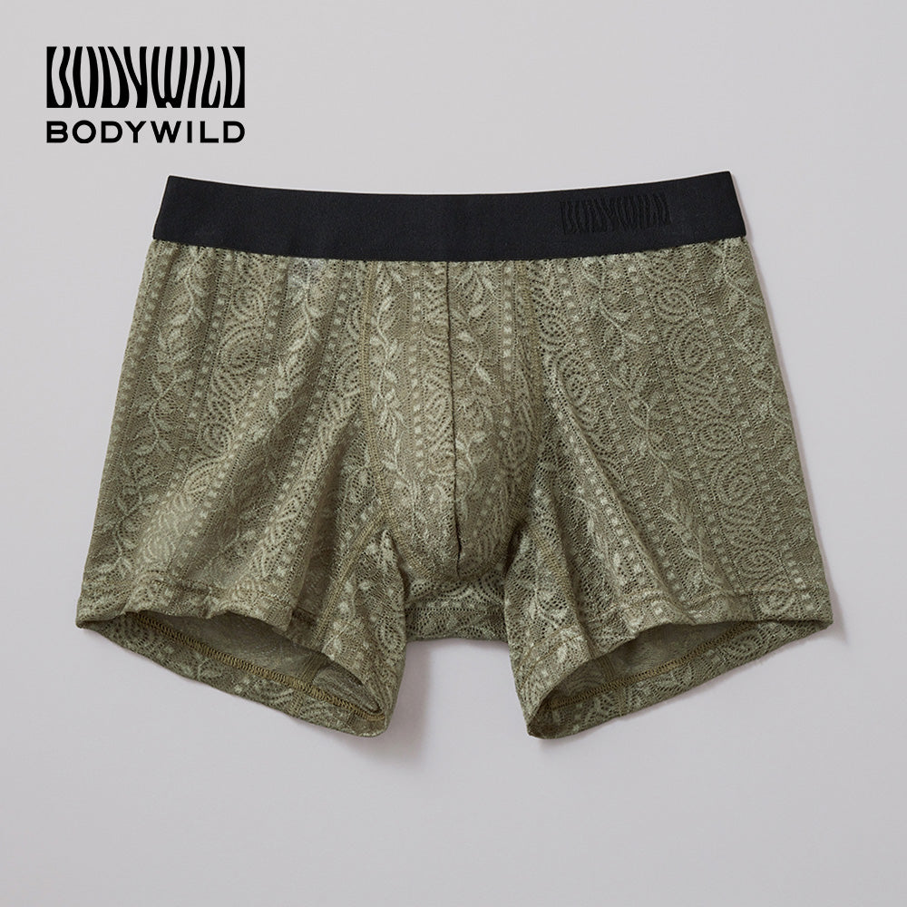 ボディワイルド BODY WILD ボクサーパンツ ラッセルレース アンティークストライプ柄 【返品不可商品】 （モスグリーン） モスグリーン