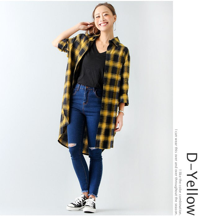 ジュノア JUNOAH チェックロングオーバーシャツ 【新色9color】【オーバーサイズ】【ディープスリット】チェックロングオーバーシャツチェック柄ロングシャツ シャツ チェック ロン Dイエロー