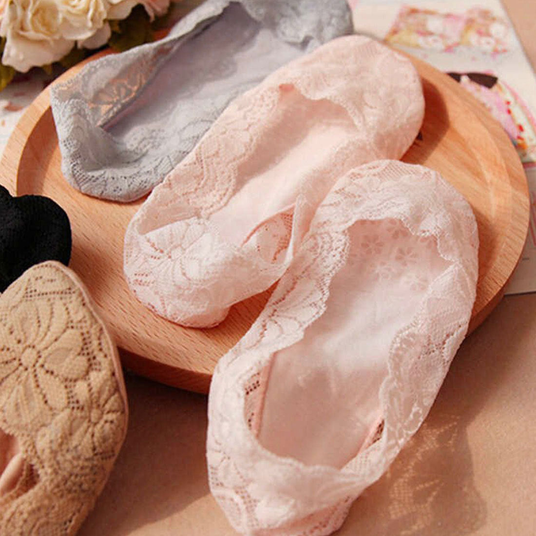 ジュノア JUNOAH フットカバー！脱げない！丸まらない！フットカバーレースタイプ幅広ゴムでズレない！通気性も◎快適な履き心地！22.0?24.5cm対応 靴下 ソックス,ピンク