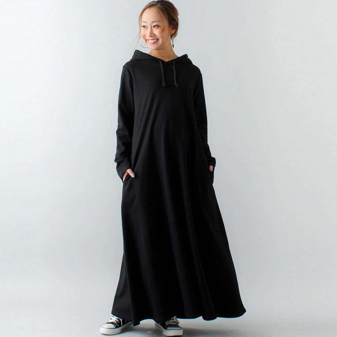 ジュノア JUNOAH Aライン長袖スウェットマキシ丈パーカーワンピース