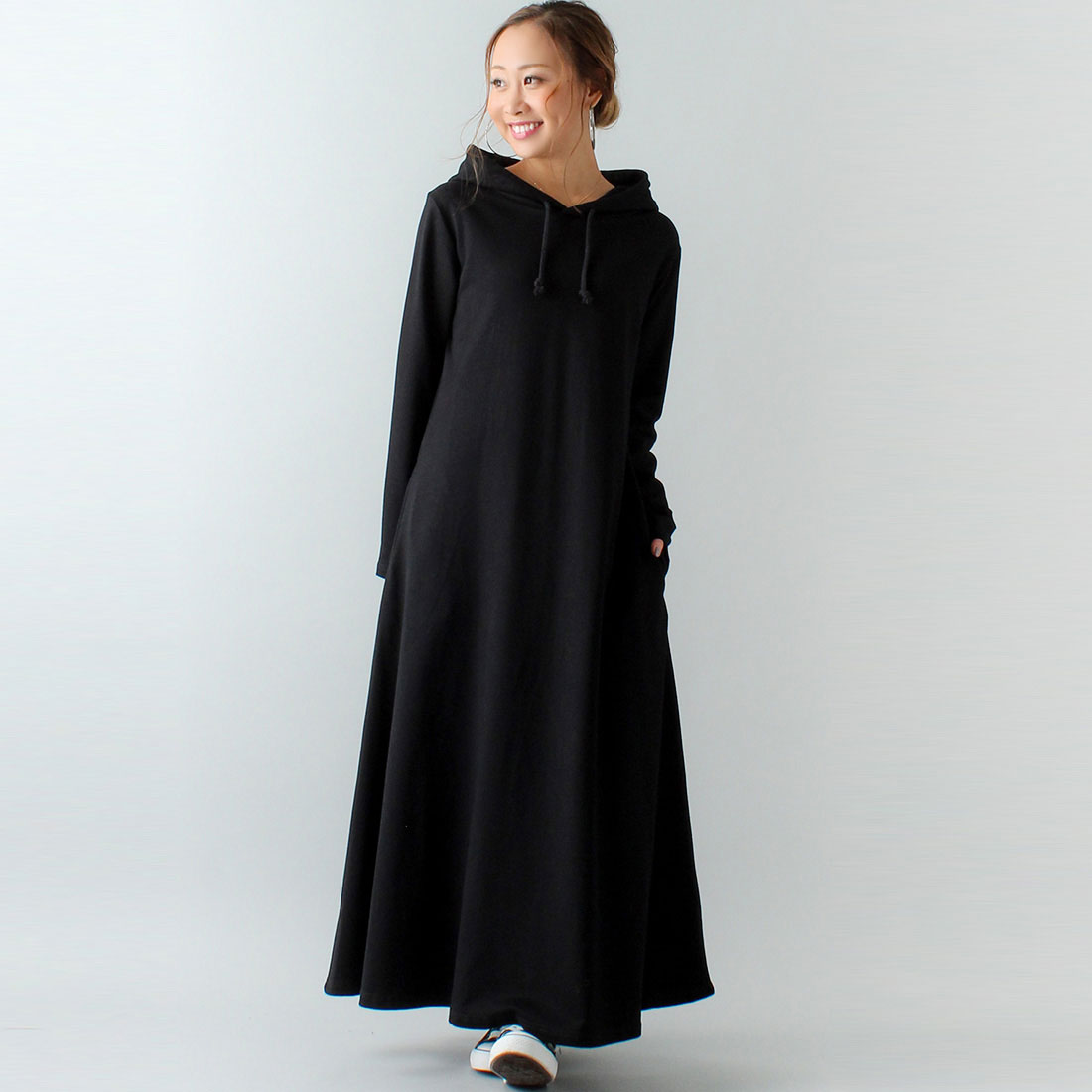 ジュノア JUNOAH Aライン長袖スウェットマキシ丈パーカーワンピース