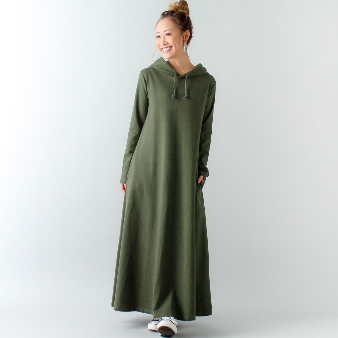 ジュノア JUNOAH Aライン長袖スウェットマキシ丈パーカーワンピース