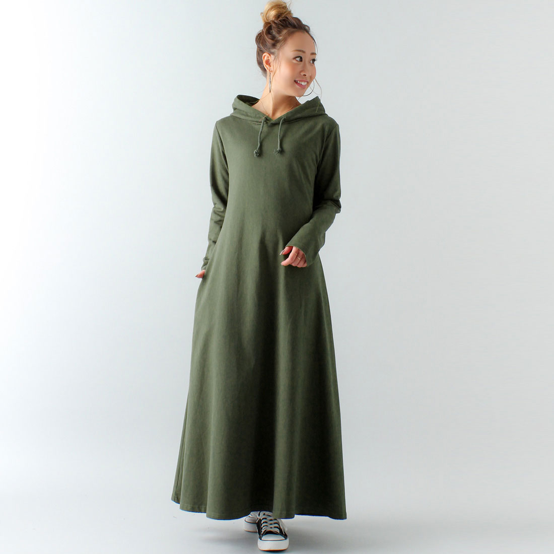 ジュノア JUNOAH Aライン長袖スウェットマキシ丈パーカーワンピース