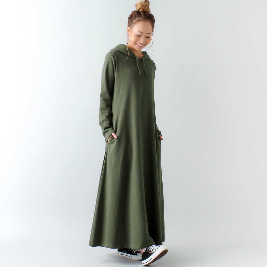 ジュノア JUNOAH Aライン長袖スウェットマキシ丈パーカーワンピース