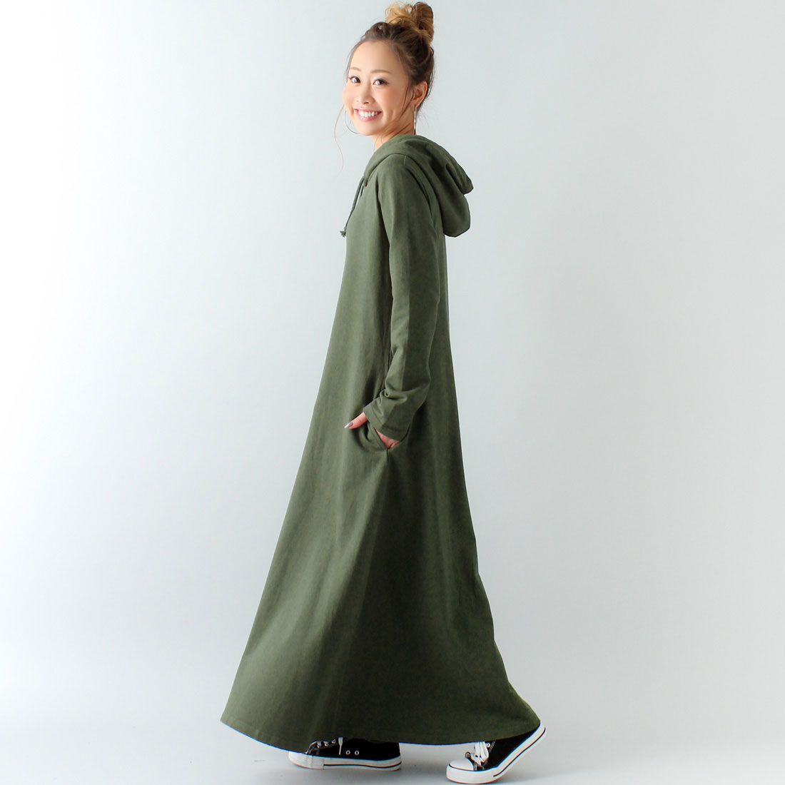 ジュノア JUNOAH Aライン長袖スウェットマキシ丈パーカーワンピース