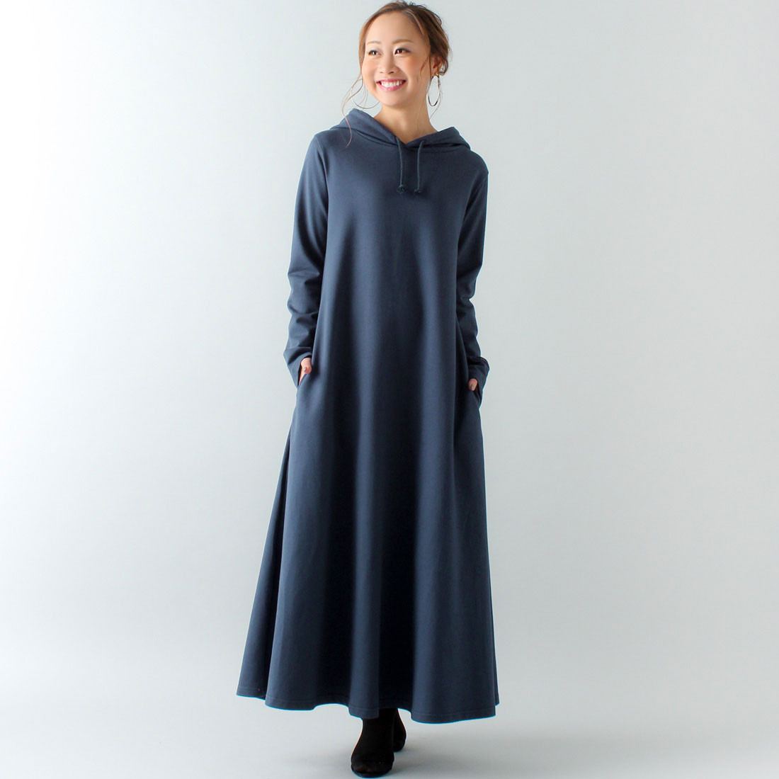 ジュノア JUNOAH Aライン長袖スウェットマキシ丈パーカーワンピース