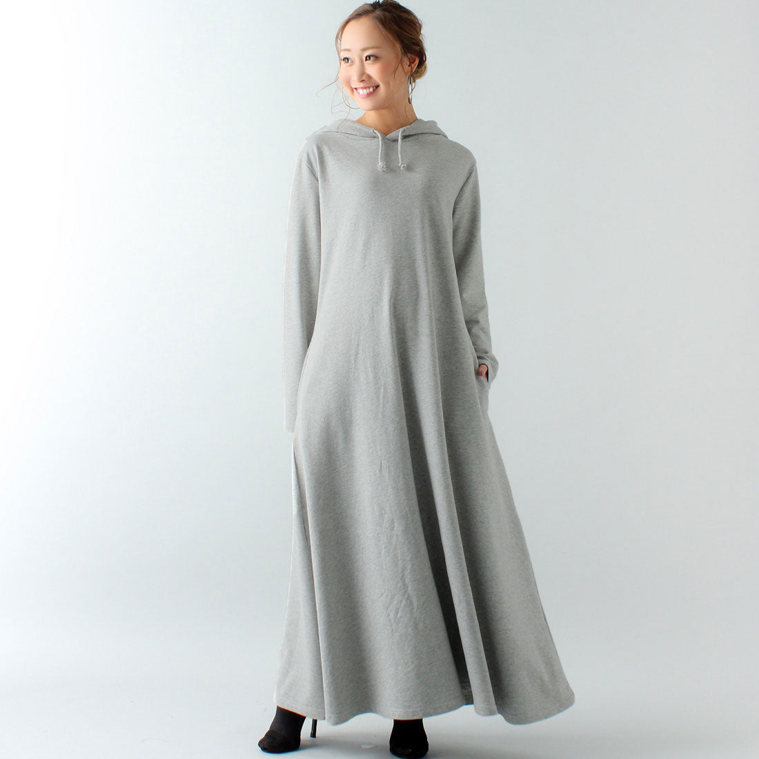 ジュノア JUNOAH Aライン長袖スウェットマキシ丈パーカーワンピース