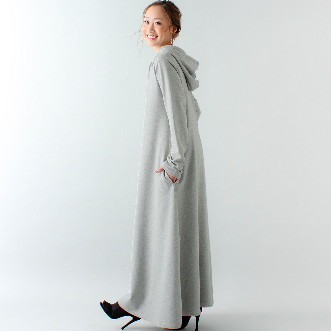 ジュノア JUNOAH Aライン長袖スウェットマキシ丈パーカーワンピース