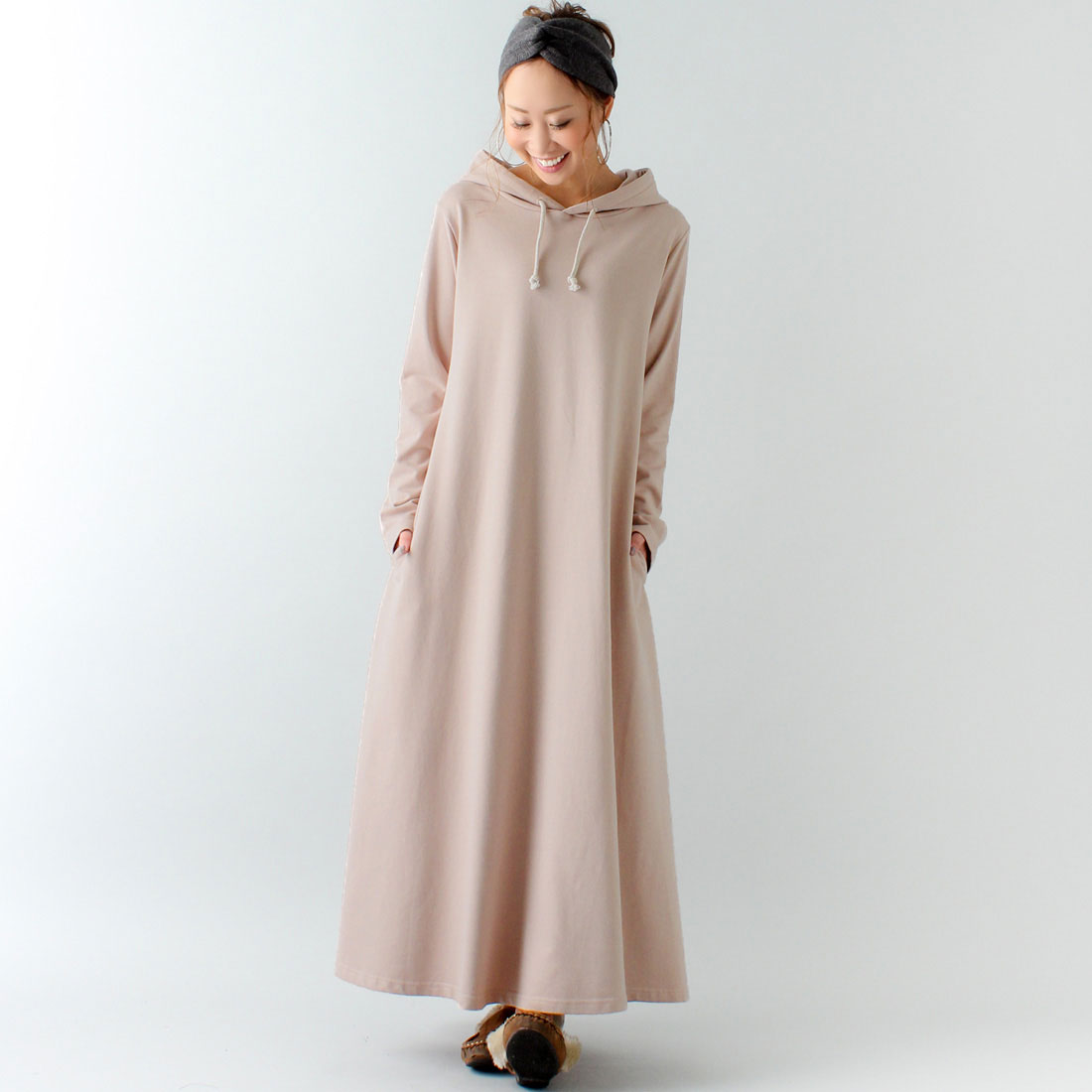 ジュノア JUNOAH Aライン長袖スウェットマキシ丈パーカーワンピース