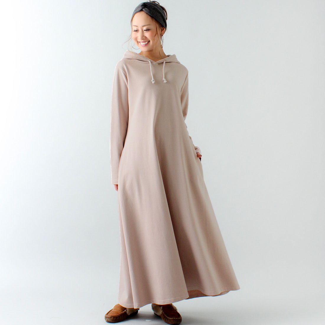ジュノア JUNOAH Aライン長袖スウェットマキシ丈パーカーワンピース