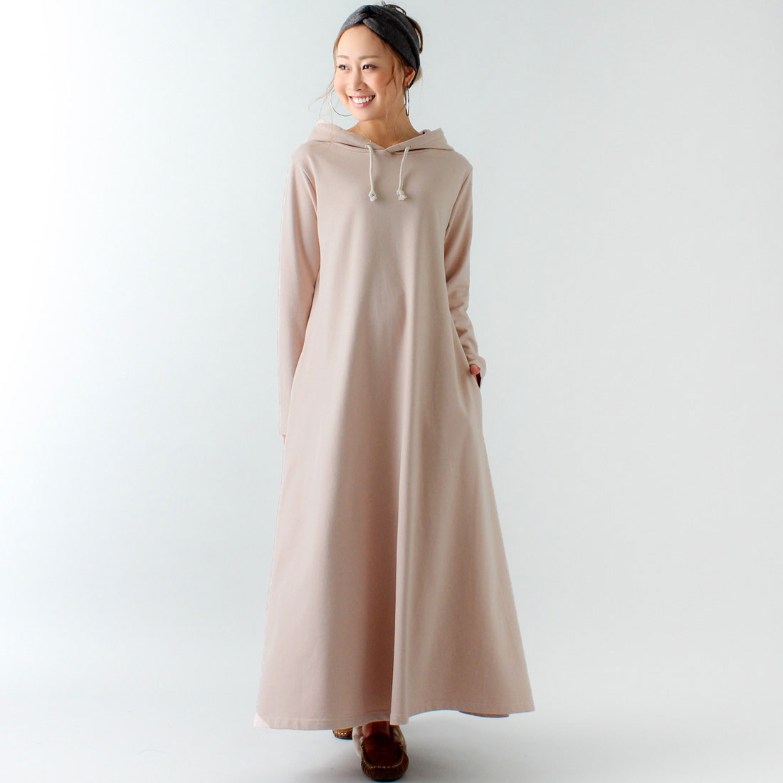 ジュノア JUNOAH Aライン長袖スウェットマキシ丈パーカーワンピース