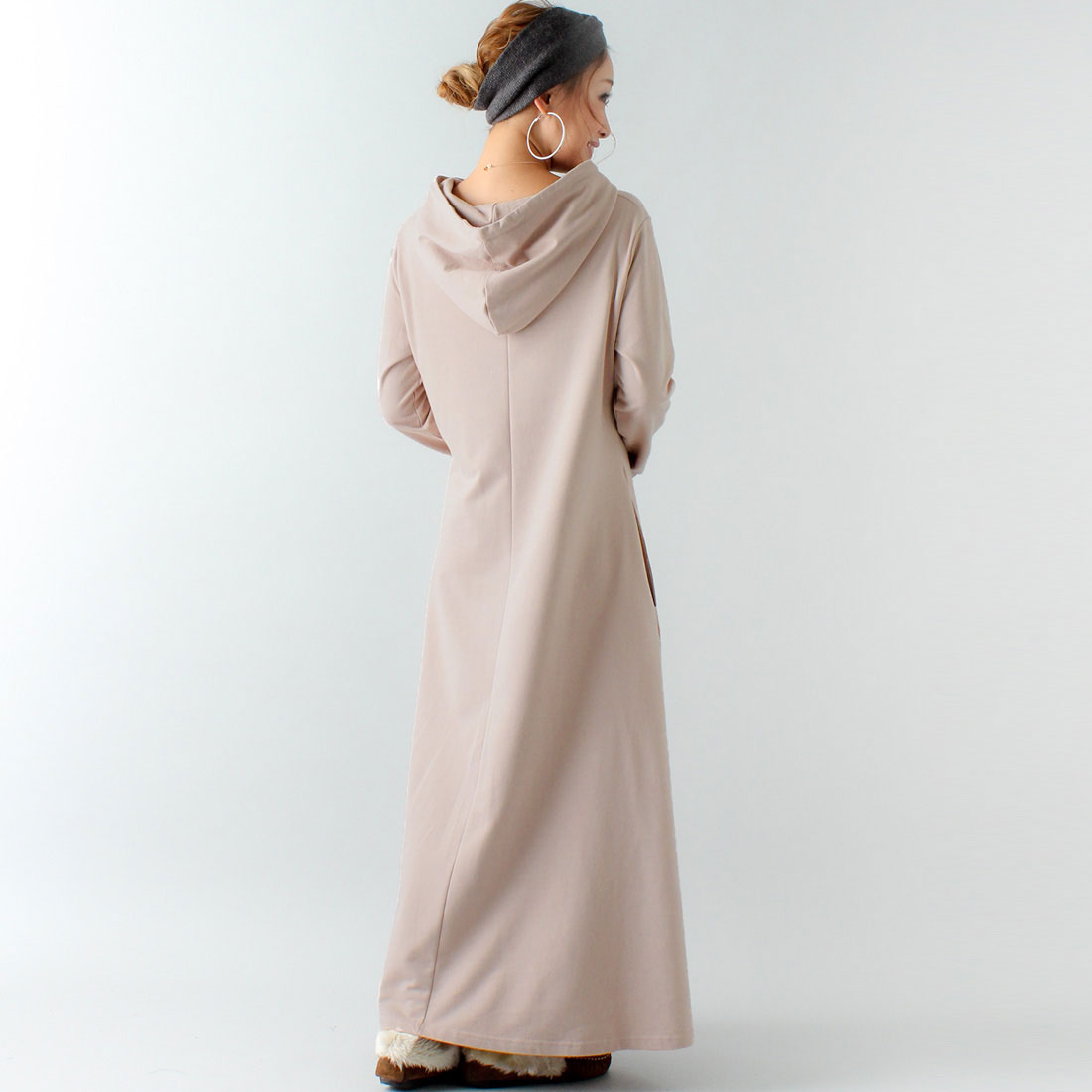 ジュノア JUNOAH Aライン長袖スウェットマキシ丈パーカーワンピース