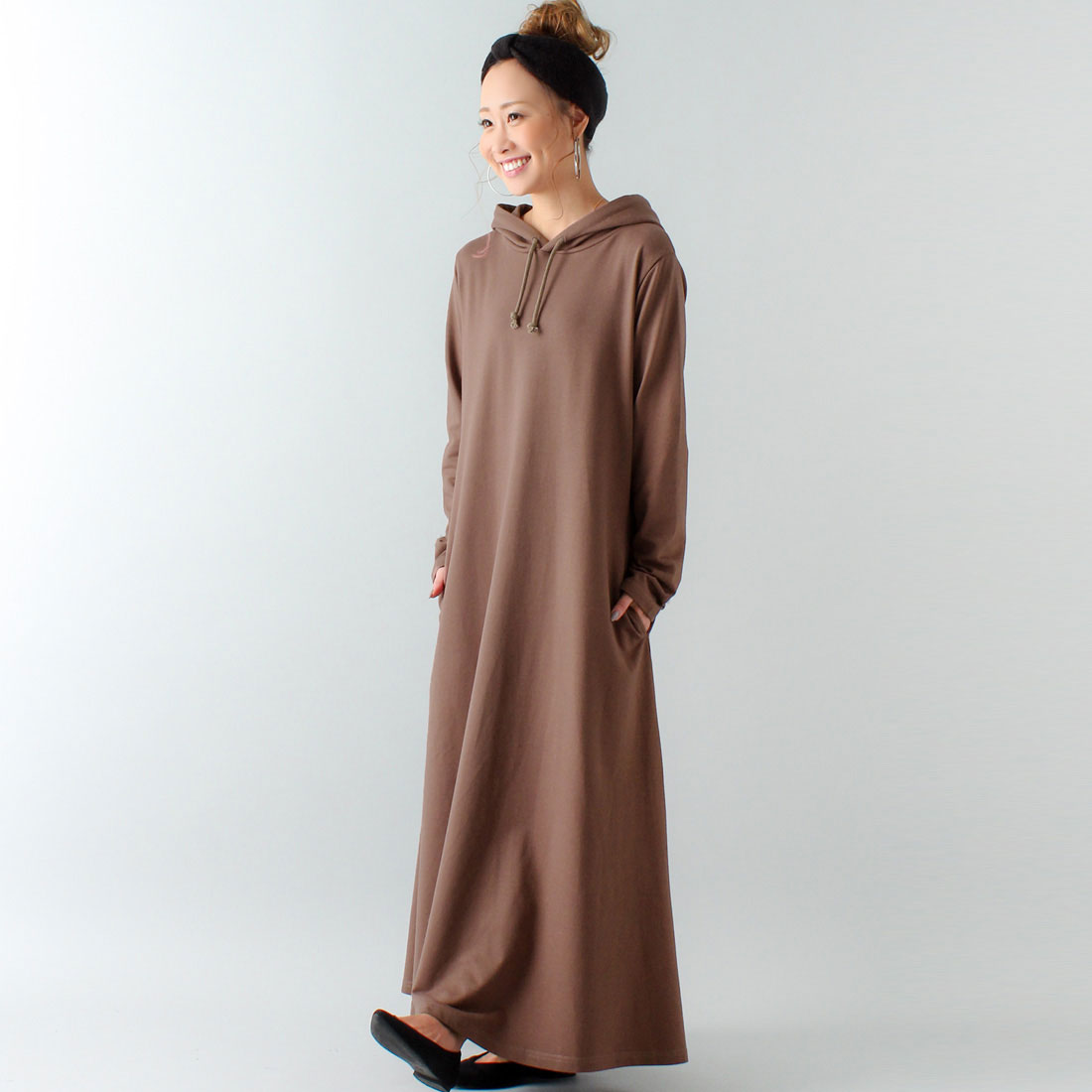 ジュノア JUNOAH Aライン長袖スウェットマキシ丈パーカーワンピース