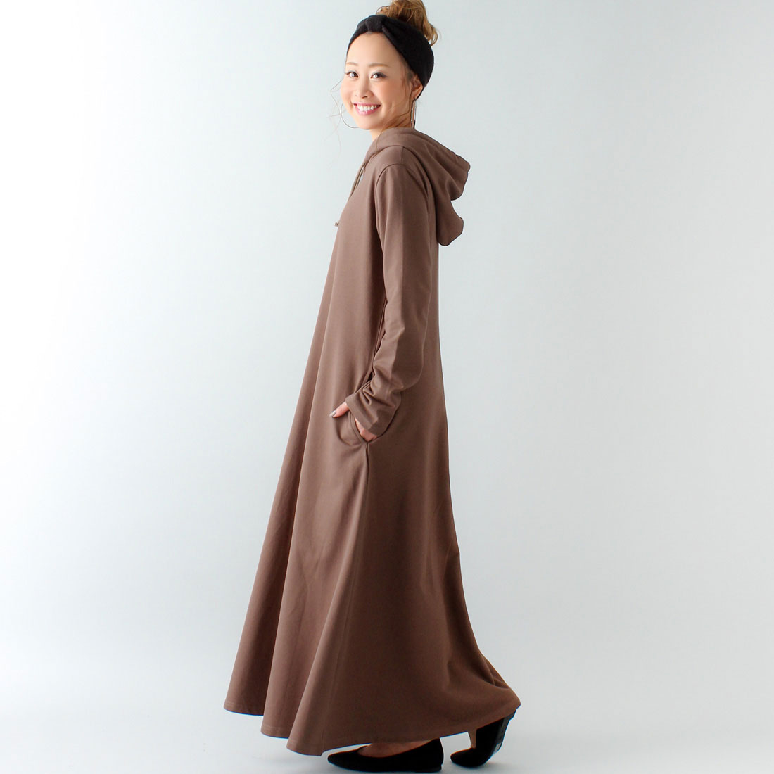 ジュノア JUNOAH Aライン長袖スウェットマキシ丈パーカーワンピース