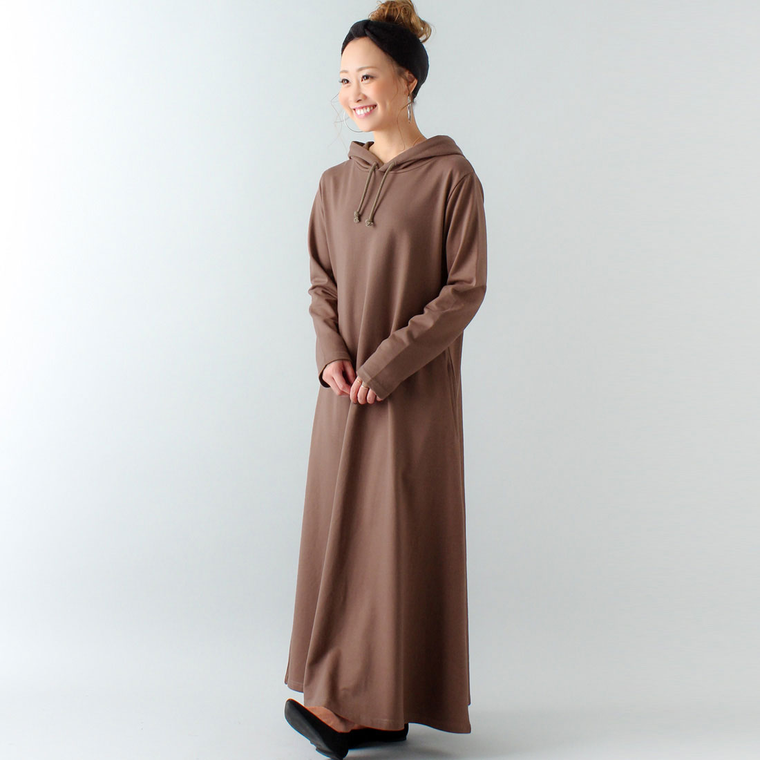 ジュノア JUNOAH Aライン長袖スウェットマキシ丈パーカーワンピース