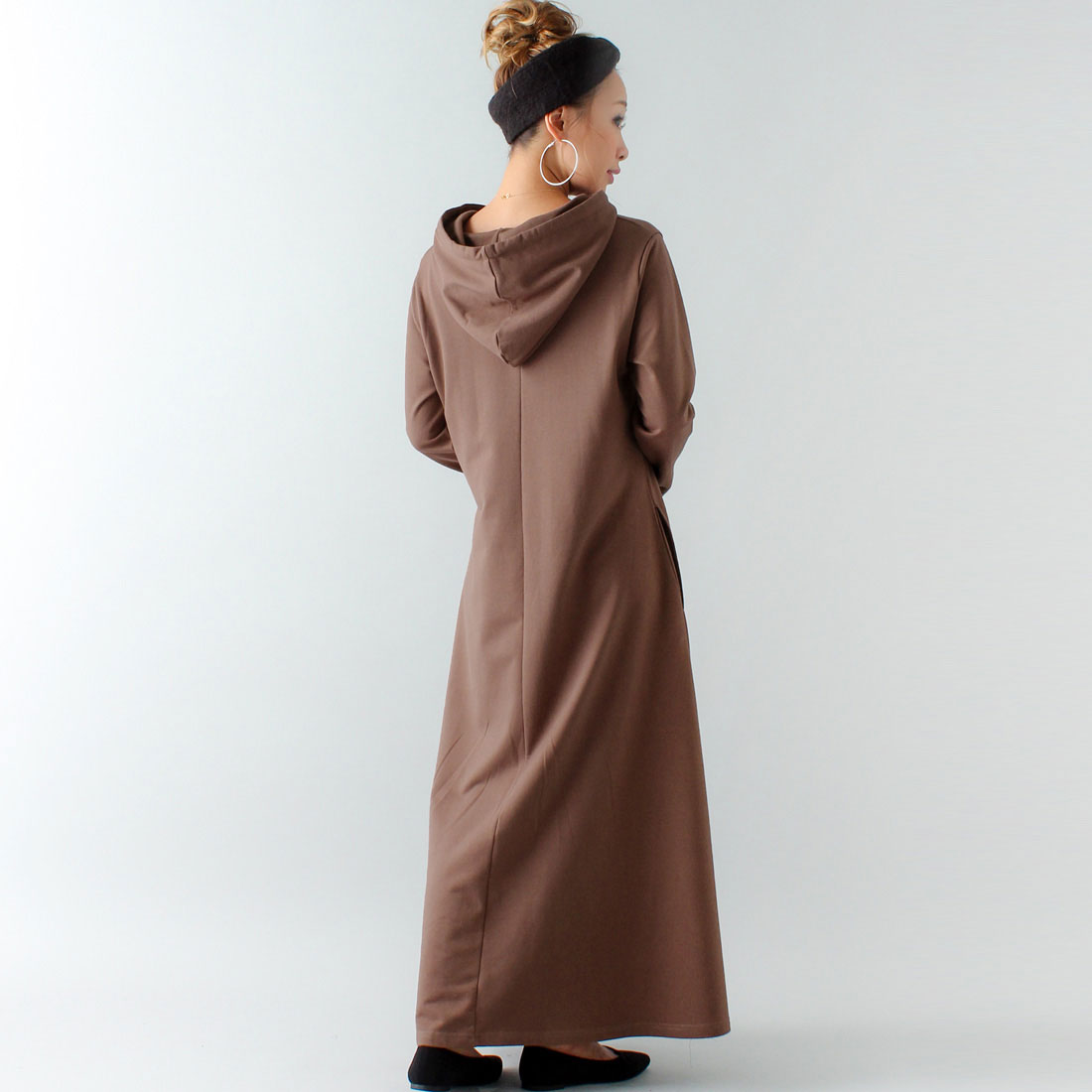 ジュノア JUNOAH Aライン長袖スウェットマキシ丈パーカーワンピース