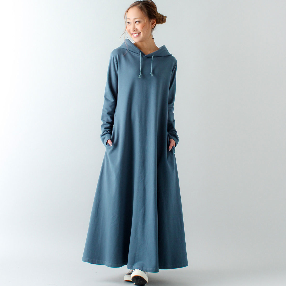 ジュノア JUNOAH Aライン長袖スウェットマキシ丈パーカーワンピース