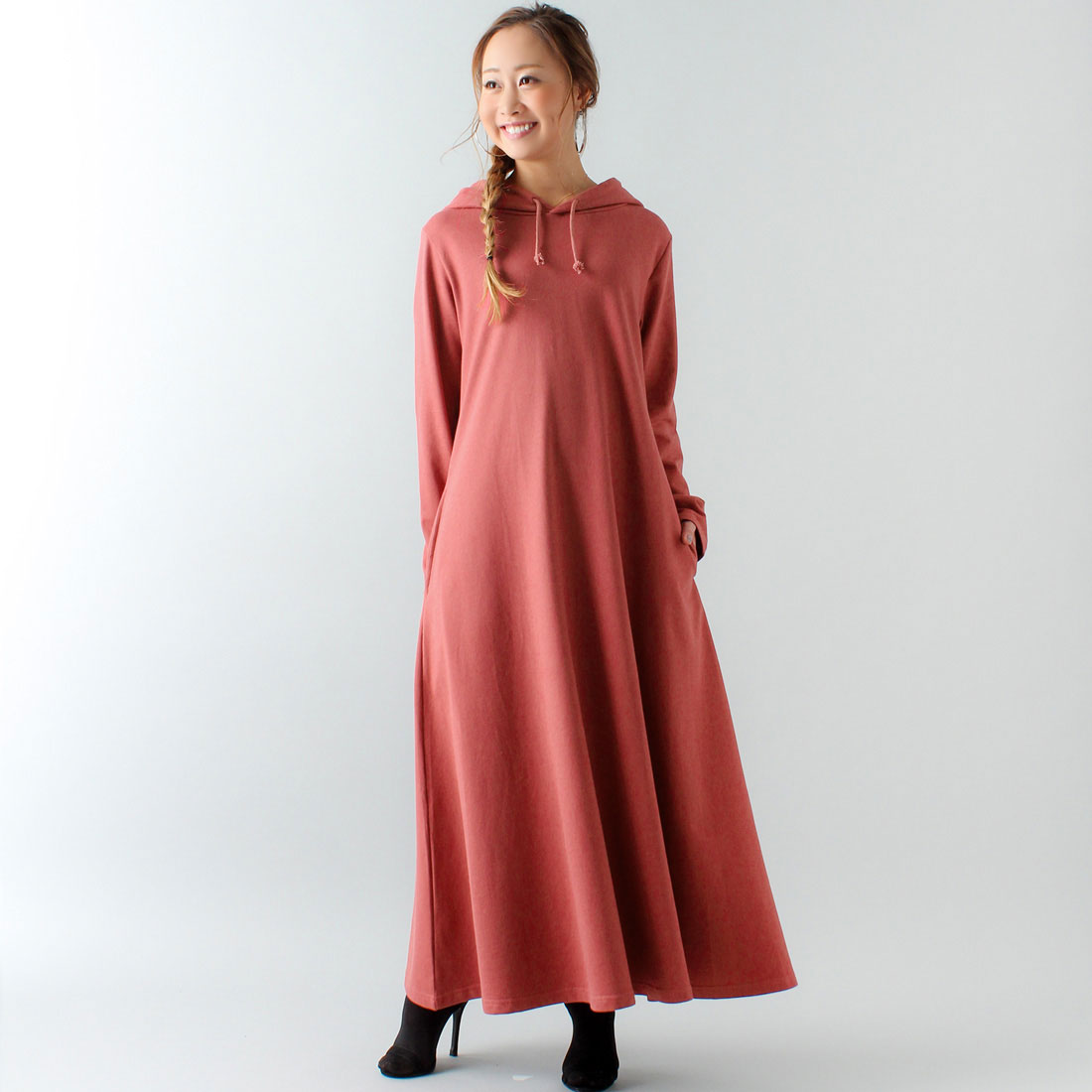 ジュノア JUNOAH Aライン長袖スウェットマキシ丈パーカーワンピース