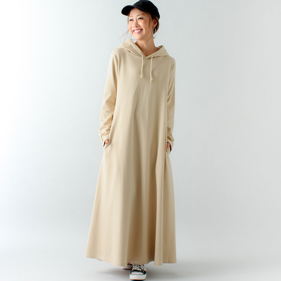 ジュノア JUNOAH Aライン長袖スウェットマキシ丈パーカーワンピース,ベージュ