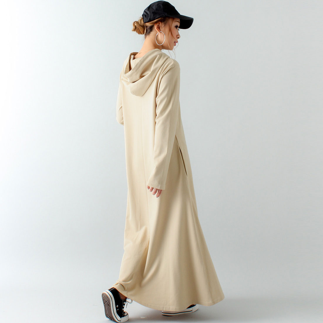 ジュノア JUNOAH Aライン長袖スウェットマキシ丈パーカーワンピース