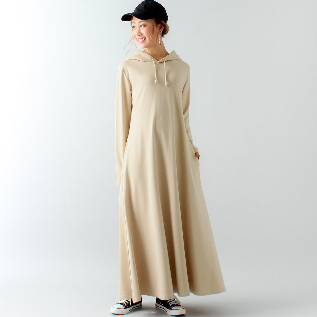 ジュノア JUNOAH Aライン長袖スウェットマキシ丈パーカーワンピース