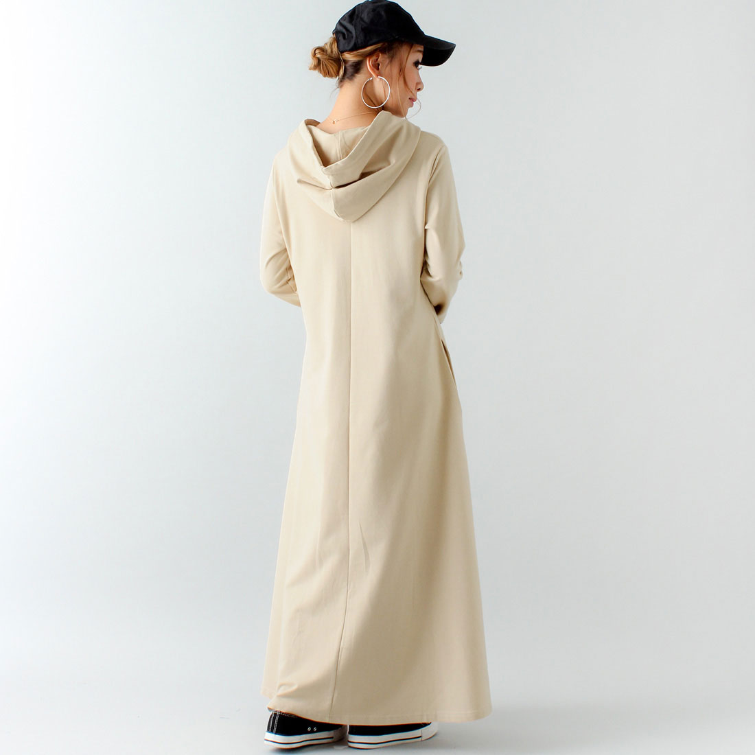 ジュノア JUNOAH Aライン長袖スウェットマキシ丈パーカーワンピース